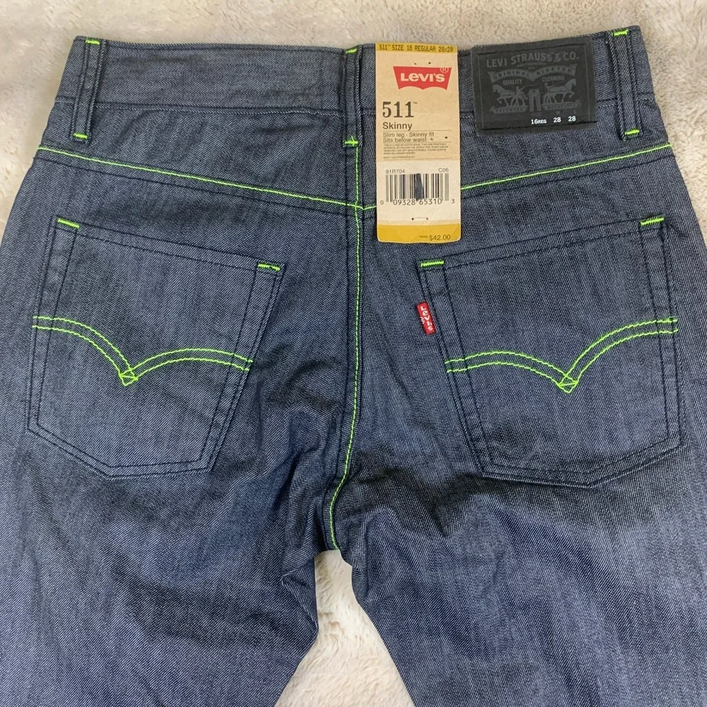 Levis 511‎ Skinny Fit Coated Indigo Neon Green Stitch Jeans 16 Reg 28x28 NEW